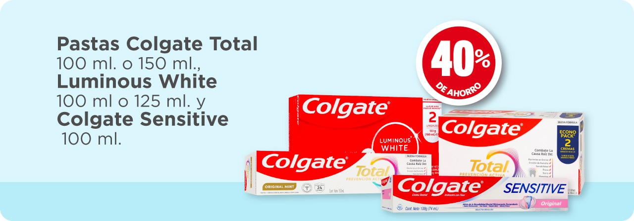 pastas colgate total 100 ml o 150 ml, luminous white 100 ml o 125 ml y colgate sensitive 100 ml al 40 % de ahorro